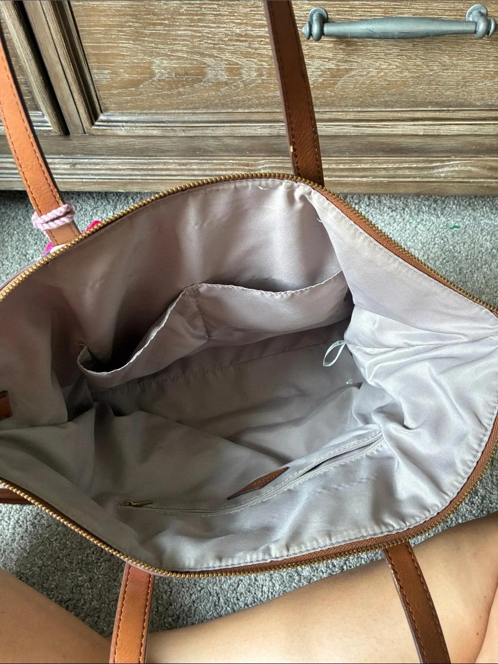 Fossil Canvas Tote in Multicolor Leaf Print with Tan Leather Handles